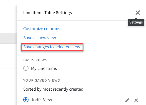 View Settings panel with Save changes to selected view highlighted
